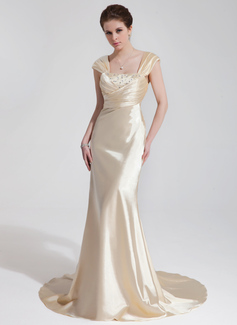 Sheath/Column Sweetheart Court Train Charmeuse Wedding Dress With Ruffle Beadwork Sequins (002012137)