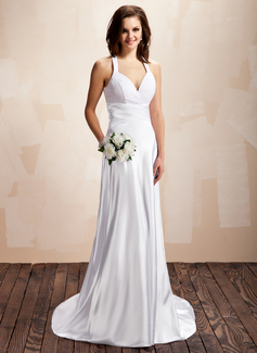 Sheath/Column Halter Sweep Train Charmeuse Wedding Dress With Ruffle Lace (002012054)