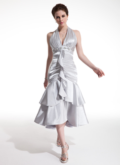 A-Line/Princess Halter Tea-Length Charmeuse Cocktail Dress With Ruffle Beading (016021207)