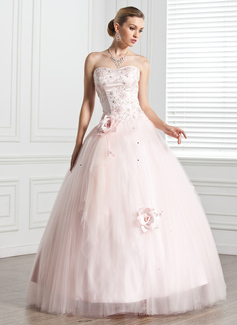 Ball-Gown Sweetheart Floor-Length Satin Tulle Quinceanera Dress With Embroidered Beading Flower(s) (021020807)