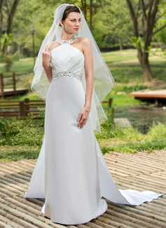 A-Line/Princess Halter Watteau Train Satin Wedding Dress With Ruffle Beadwork Sequins (002001180)