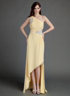 A-Line/Princess One-Shoulder Asymmetrical Chiffon Holiday Dress With Ruffle Beading Appliques (020015683)