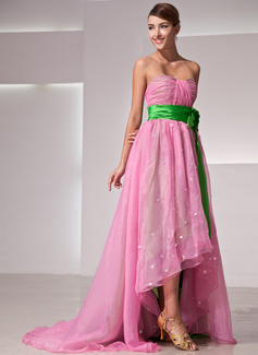 Empire Sweetheart Asymmetrical Organza Charmeuse Holiday Dress With Ruffle Flower(s) (020014419)