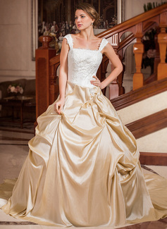 Ball-Gown Strapless Square Neckline Chapel Train Taffeta Wedding Dress With Ruffle Lace Beadwork (002012029)