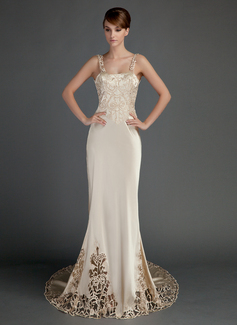 Sheath/Column Chapel Train Charmeuse Wedding Dress With Lace (002015727)