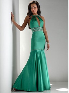 Hot Sell Mermaid Scalloped Neck Sweep Train Charmeuse Evening Dresses with Ruffle  Beading (017002265)