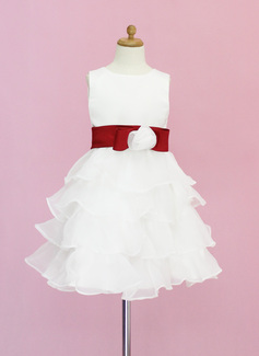A-Line/Princess Scoop Neck Knee-Length Organza Satin Flower Girl Dress With Sash Flower(s) (010005330)