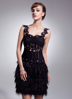 A-Line/Princess Sweetheart Knee-Length Tulle Feather Cocktail Dress With Ruffle Lace Beading (016008540)