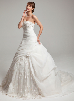 Ball-Gown Sweetheart Court Train Organza Charmeuse Wedding Dress With Ruffle Lace Beadwork Flower(s) (002017546)