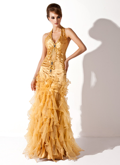 Mermaid Halter Floor-Length Organza Charmeuse Prom Dress With Ruffle Beading (018005067)