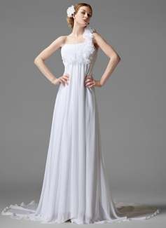 Empire One-Shoulder Court Train Chiffon Wedding Dress With Ruffle Flower(s) (002000441)