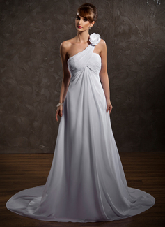 Empire One-Shoulder Court Train Chiffon Wedding Dress With Ruffle Flower(s) (002000574)