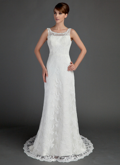A-Line/Princess Scoop Neck Court Train Satin Lace Wedding Dress (002015709)