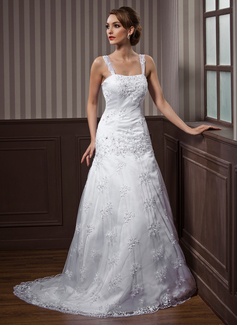 A-Line/Princess Sweetheart Court Train Satin Lace Wedding Dress With Embroidery Beadwork (002012140)