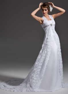 A-Line/Princess Square Neckline Court Train Satin Lace Wedding Dress With Beadwork (002001257)