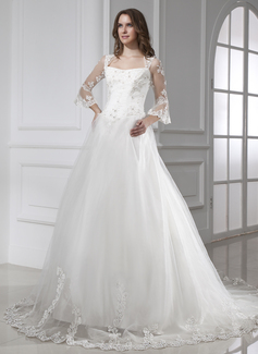 Ball-Gown Square Neckline Cathedral Train Satin Tulle Wedding Dress With Lace (002015458)