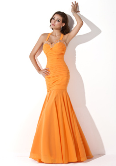 Mermaid Halter Floor-Length Chiffon Evening Dress With Ruffle Beading Sequins (017005814)