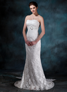 Sheath/Column Strapless Court Train Chiffon Charmeuse Lace Wedding Dress With Ruffle Lace Crystal Brooch (002000134)