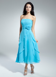 A-Line/Princess Strapless Tea-Length Chiffon Homecoming Dress With Ruffle Flower(s) (022014972)