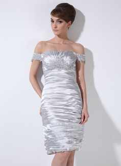 Sheath Off-the-Shoulder Knee-Length Charmeuse Cocktail Dress With Ruffle Lace Beading (016008476)