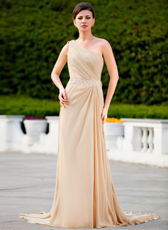 A-Line/Princess One-Shoulder Court Train Chiffon Mother of the Bride Dress With Ruffle Lace Beading (008024586)