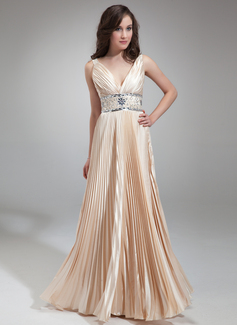 A-Line/Princess V-neck Floor-Length Charmeuse Evening Dress With Ruffle Beading (017018813)