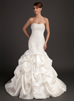 Mermaid Sweetheart Court Train Satin Wedding Dress With Lace Beadwork (002015486)
