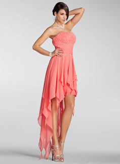 A-Line/Princess Strapless Asymmetrical Chiffon Holiday Dress With Ruffle Beading (020005298)