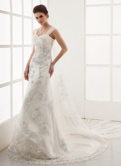 A-Line/Princess Sweetheart Watteau Train Satin Tulle Wedding Dress With Lace Beadwork (002011654)