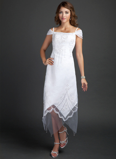 Sheath/Column Off-the-Shoulder Tea-Length Satin Tulle Wedding Dress With Beadwork (002015354)