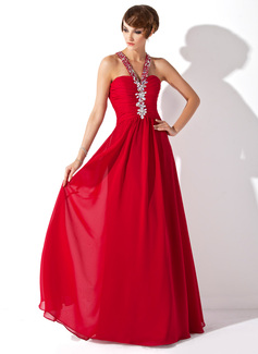 A-Line/Princess Halter Floor-Length Chiffon Prom Dress With Ruffle Beading (018005359)
