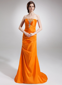 Sheath Strapless Sweep Train Taffeta Evening Dress With Ruffle Beading (017004355)