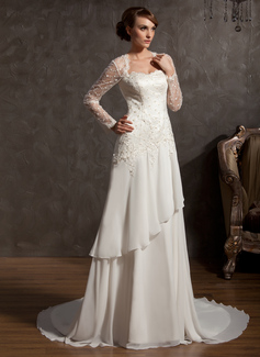 A-Line/Princess Sweetheart Chapel Train Chiffon Satin Tulle Wedding Dress With Lace (002014901)