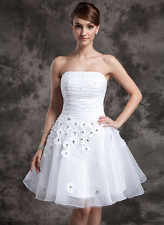 A-Line/Princess Strapless Short/Mini Organza Wedding Dress With Ruffle Beadwork Flower(s) (002024068)