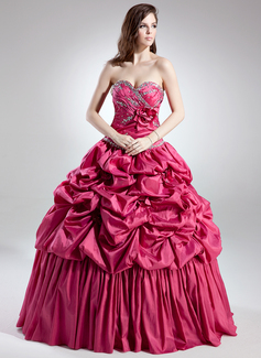 Ball-Gown Sweetheart Floor-Length Taffeta Quinceanera Dress With Ruffle Beading Flower(s) (021015702)