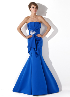 Mermaid Scalloped Neck Sweep Train Satin Evening Dress With Ruffle Beading Appliques (017013778)