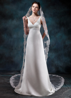 Sheath/Column V-neck Court Train Satin Wedding Dress With Beadwork (002012749)