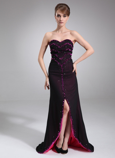 Sheath Sweetheart Sweep Train Chiffon Evening Dress With Beading (017016836)