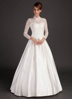 A-Line/Princess High Neck Floor-Length Satin Lace Wedding Dress (002015488)