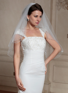 Fingertip Veils Tulle Two-tier Beaded Edge Wedding Veils With Angel Cut/Waterfall (006024468)
