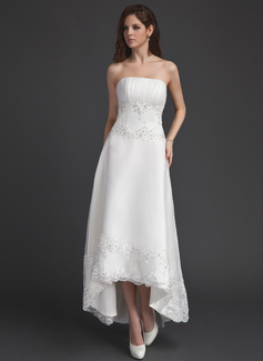A-Line/Princess Strapless Asymmetrical Satin Tulle Wedding Dress With Ruffle Lace Beadwork Sequins (002011491)
