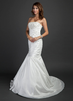 Mermaid Strapless Court Train Taffeta Wedding Dress With Ruffle Beadwork (002015352)