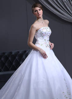 Ball-Gown Strapless Cathedral Train Organza Satin Wedding Dress With Beadwork (002000050)
