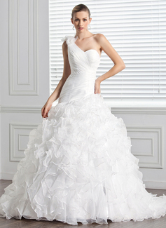Ball-Gown One-Shoulder Court Train Organza Wedding Dress With Ruffle Flower(s) (002000590)