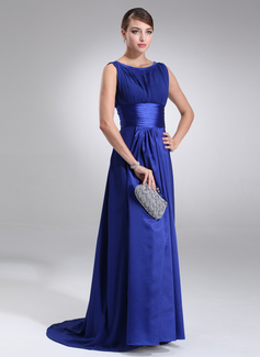 A-Line/Princess Scoop Neck Sweep Train Chiffon Charmeuse Evening Dress With Ruffle (017022545)