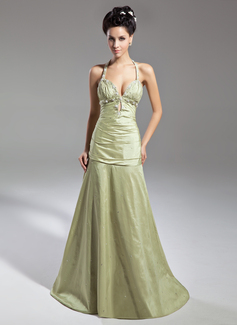 A-Line/Princess Halter Sweep Train Taffeta Evening Dress With Ruffle Beading (017015044)