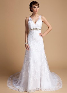 A-Line/Princess V-neck Court Train Satin Tulle Wedding Dress With Lace Beadwork (002014709)