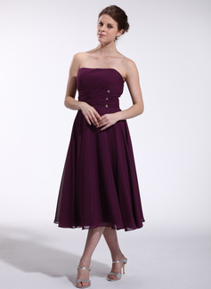 Empire Strapless Tea-Length Chiffon Bridesmaid Dress With Ruffle Beading (007026270)