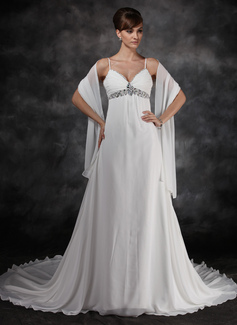 Empire V-neck Chapel Train Chiffon Wedding Dress With Ruffle Beadwork Sequins (002012125)