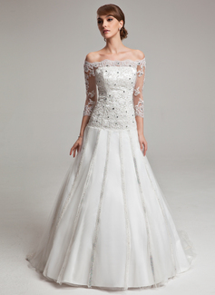 Ball-Gown Off-the-Shoulder Sweep Train Tulle Charmeuse Wedding Dress With Lace Beadwork (002017567)